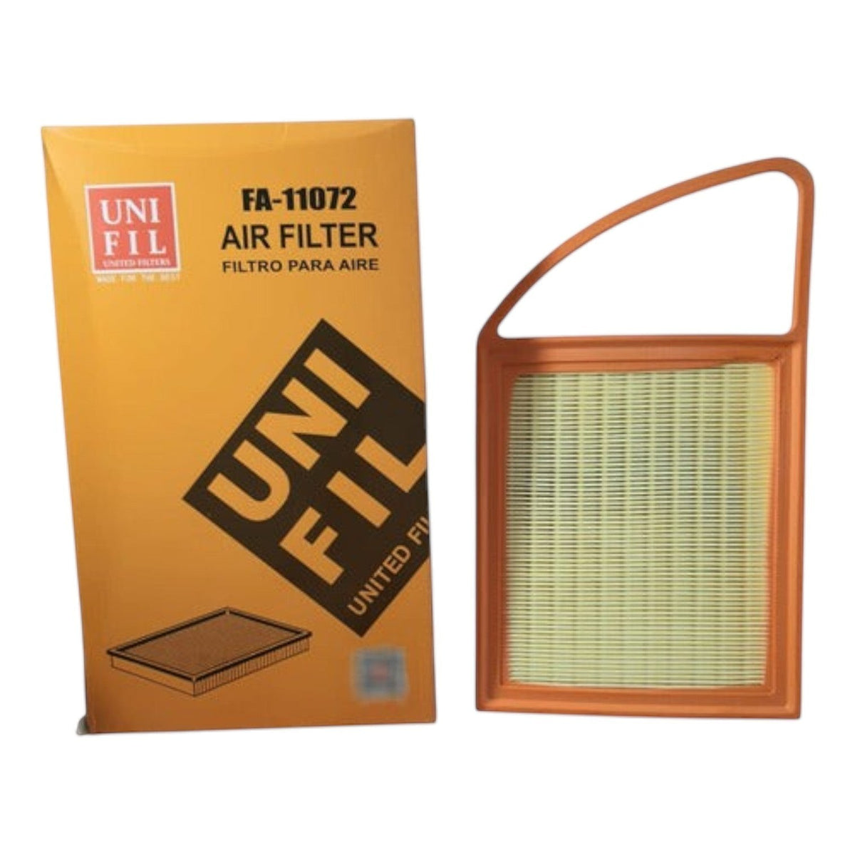 Filtro de aire Unifil para Peugeot Rifter de KENAI´S COM, diseño rectangular con marco naranja y medio filtrante