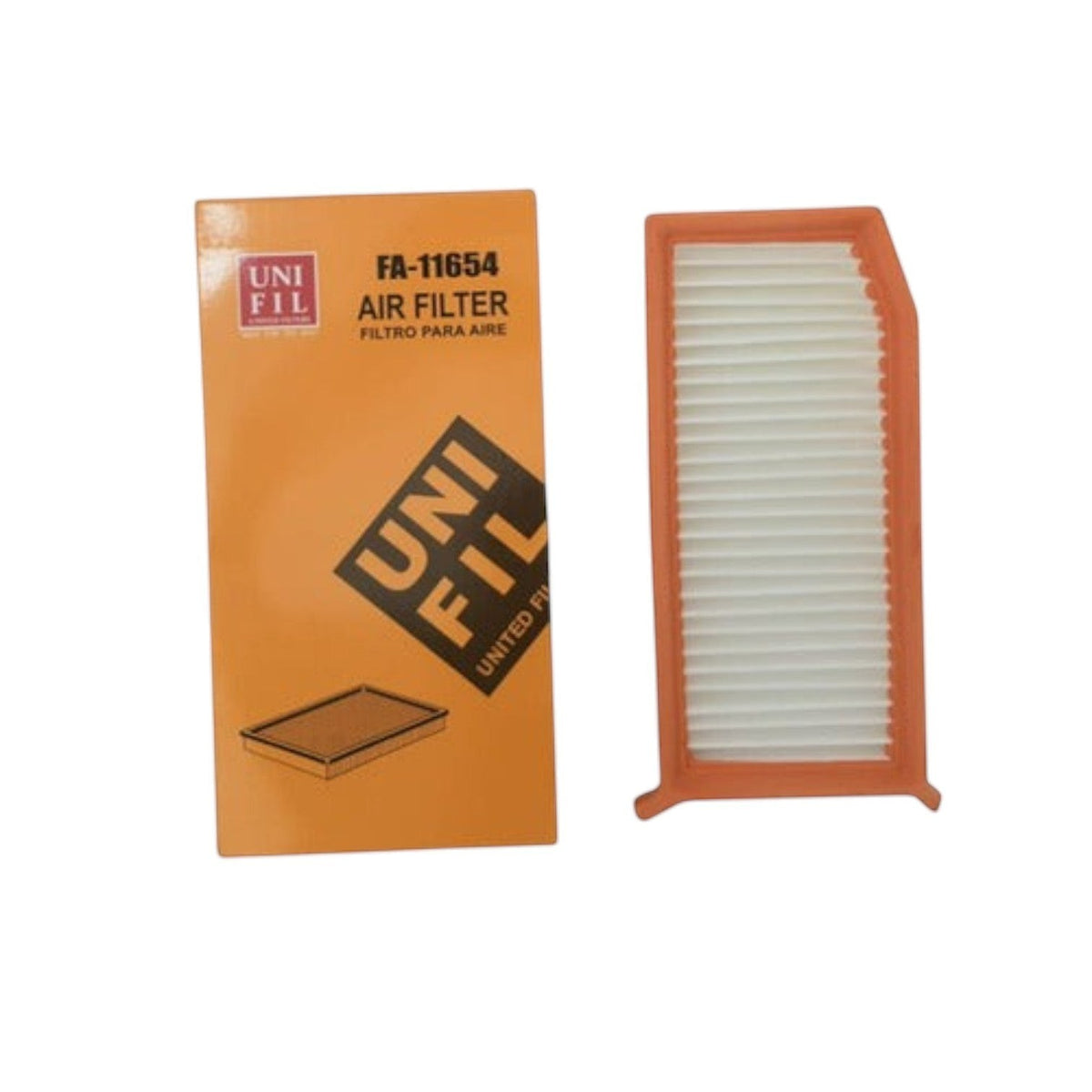 Kit de filtro de aire Unifil FA-11654 para Renault Duster 2.0L, incluye caja naranja y filtro rectangular blanco.