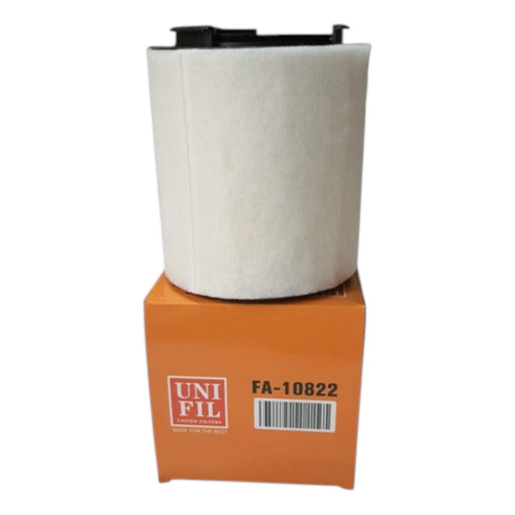 Filtro de aire cilíndrico blanco KENAI´S COM para Seat Toledo 2013-2015 sobre su caja de cartón naranja