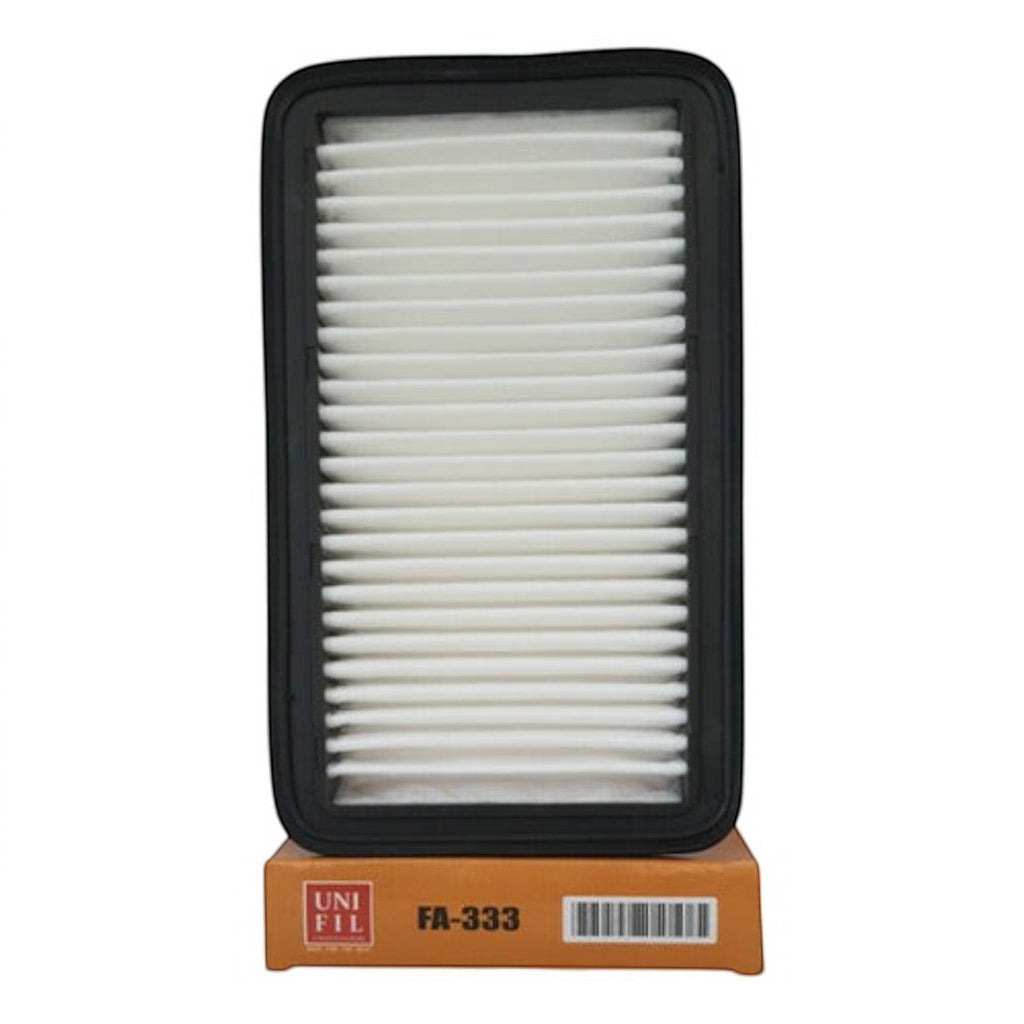 Filtro de aire rectangular Unifil FA-333 para Suzuki Swift 1.5L de KENAI´S COM con marco negro y pliegues blancos
