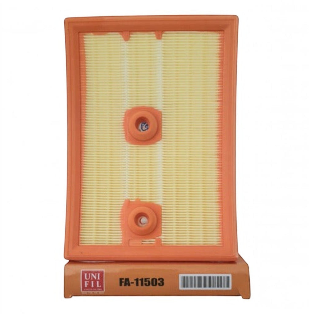 Filtro de aire rectangular KENAI´S COM para VW Golf 1.4L Turbo, modelo FA-11503 con marco naranja y papel plisado.