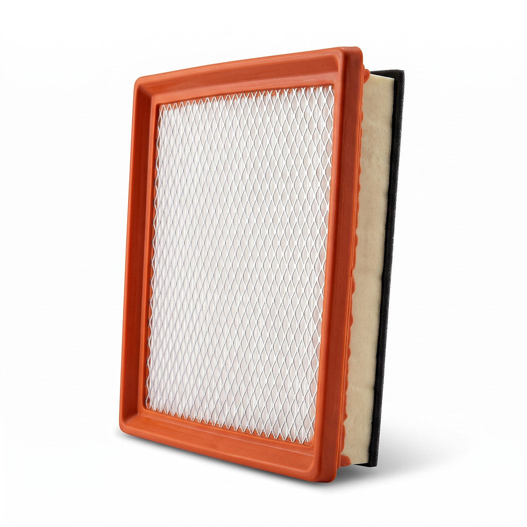 Filtro de aire rectangular KENAI´S COM para VW Virtus 1.6L, con marco naranja y malla protectora blanca.