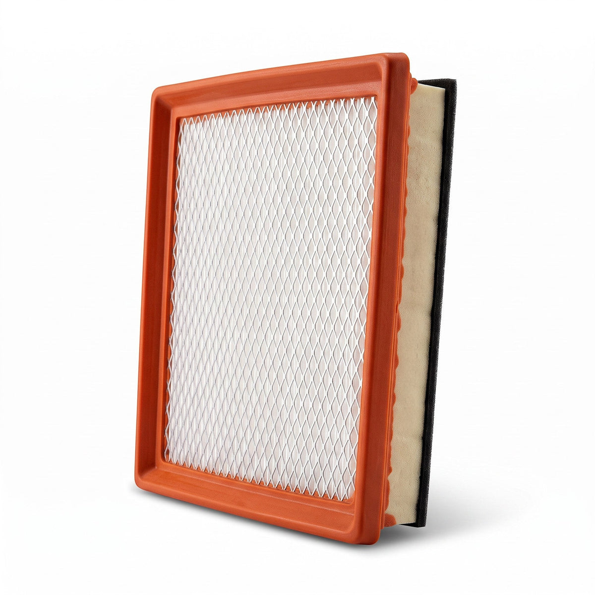 Filtro de aire rectangular KENAI´S COM para VW Virtus 1.6L, con marco naranja y malla protectora blanca.
