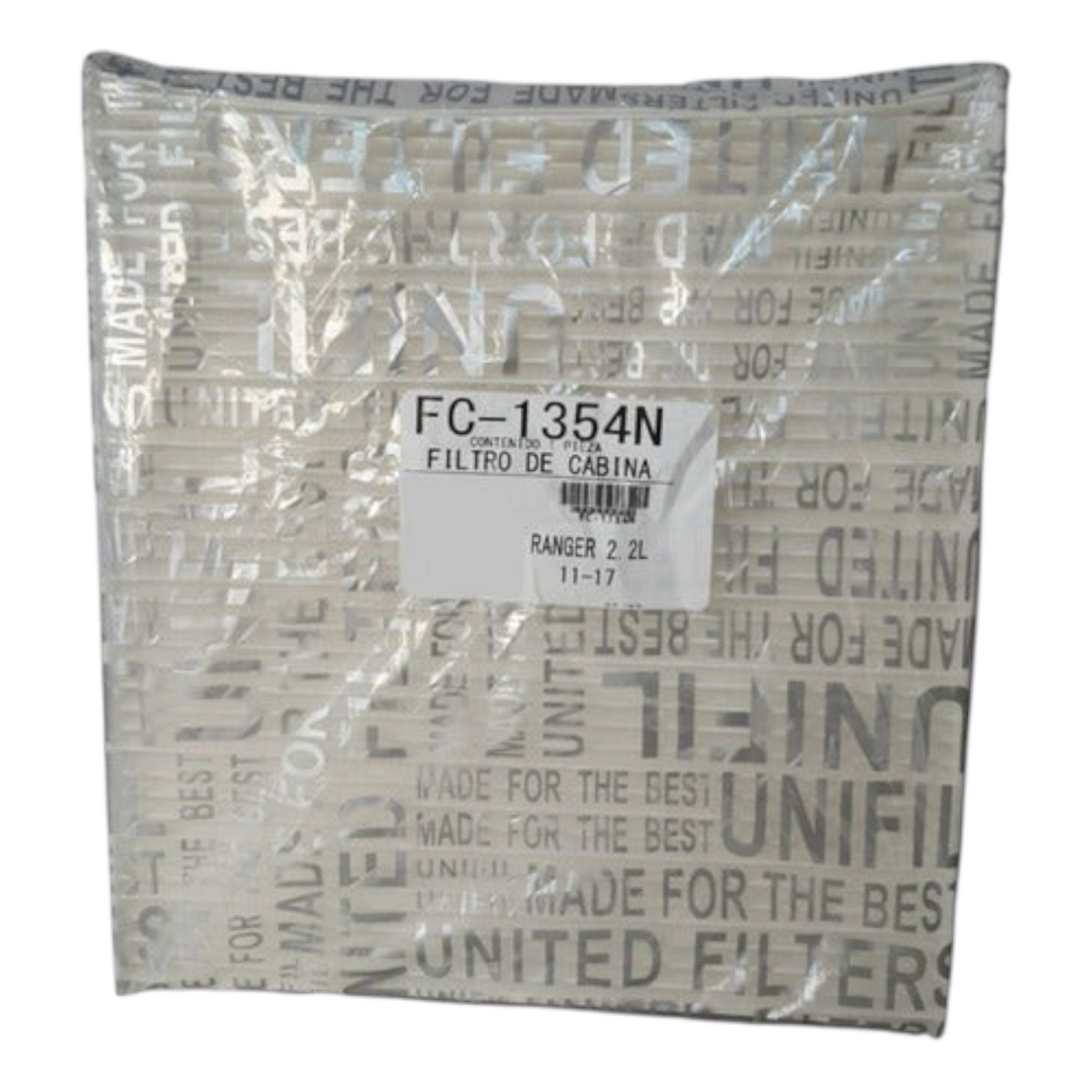 Filtro de cabina Unifil para Ford Ranger de KENAI´S COM, empaquetado en plástico transparente con etiquetas técnicas.