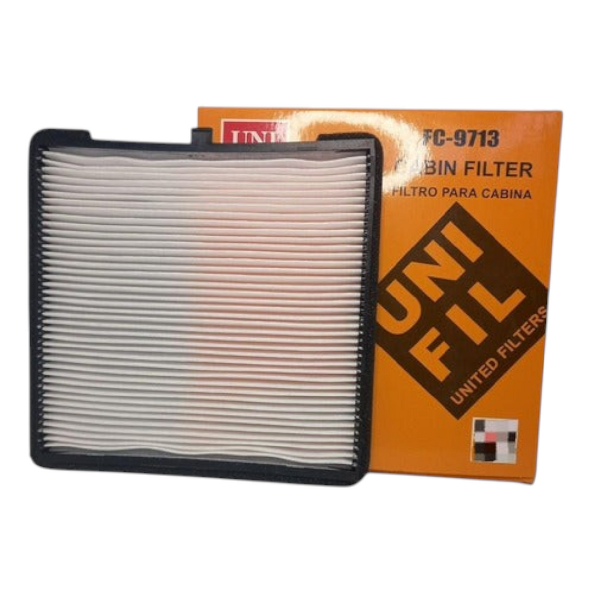 Filtro de cabina rectangular blanco con marco negro de KENAI´S COM para Hyundai Grand i10 junto a su caja original