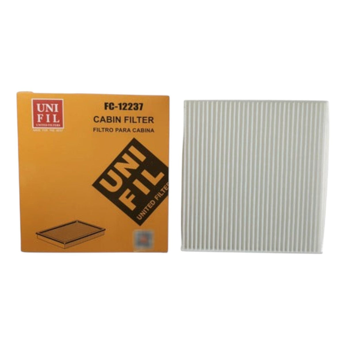 Filtro de cabina blanco para Nissan Versa de KENAI´S COM junto a su caja de empaque original Unifil