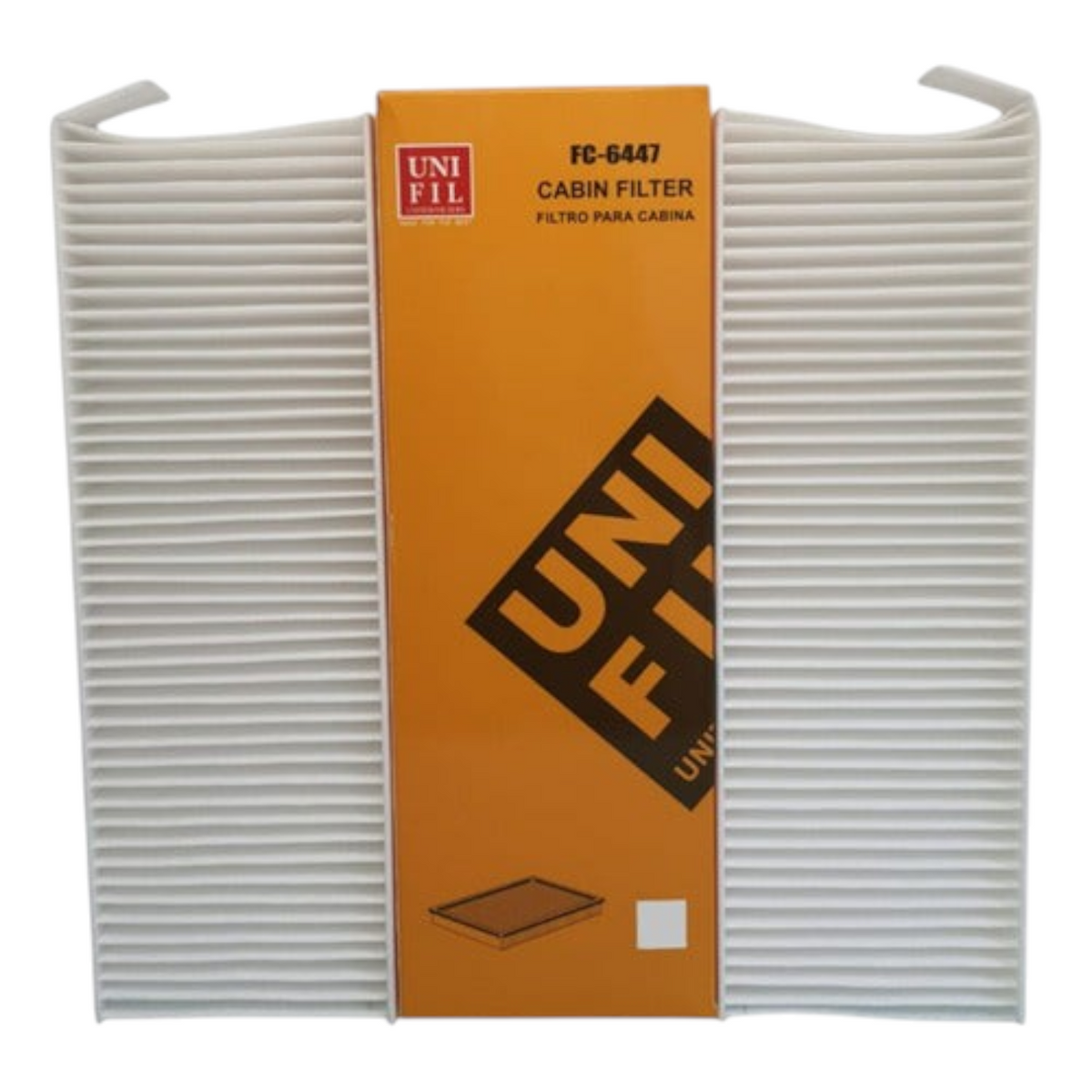 Filtro de cabina Uni Fil FC-6447 para Peugeot Expert de KENAI´S COM, diseño rectangular plisado de color blanco.