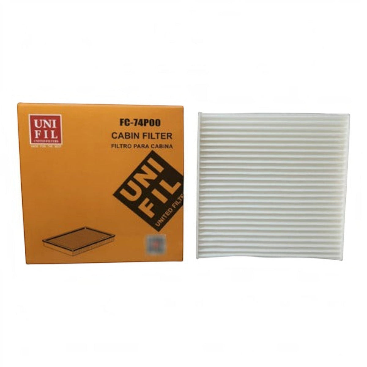 Filtro de cabina UNIFIL para Suzuki Ignis de KENAI´S COM, diseño rectangular plisado en color blanco con caja