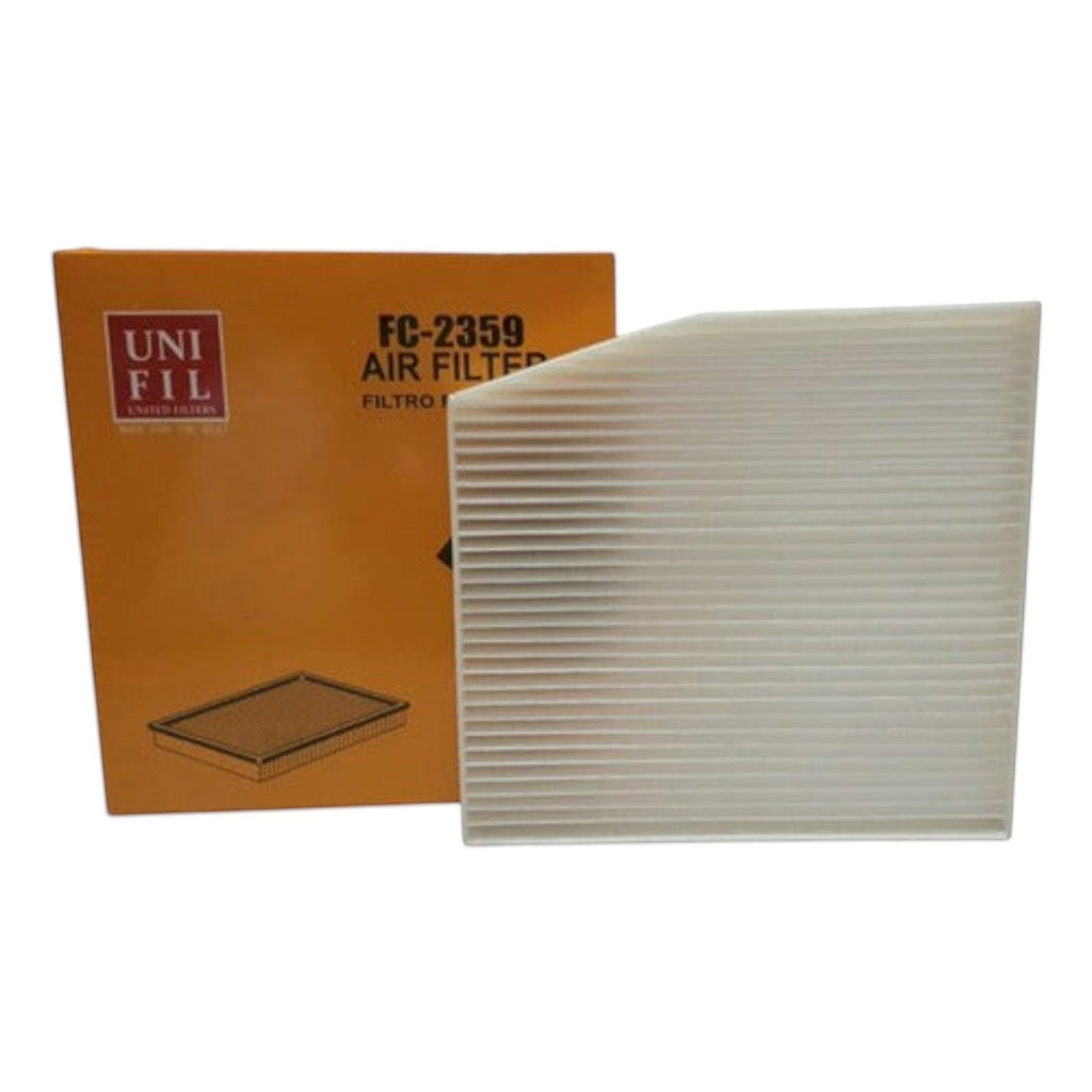 Filtro de cabina Unifil FC-2359 para Tornado Van 1.5L 2021-2023 de KENAI´S COM, diseño rectangular plisado blanco.