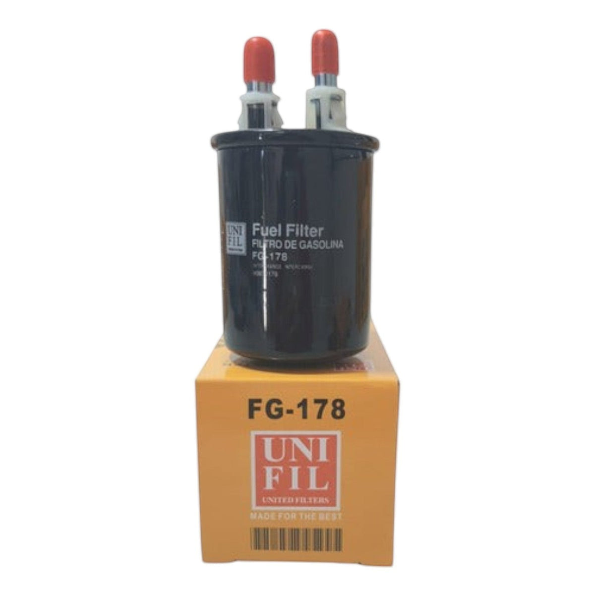 Filtro de combustible KENAI´S COM para Chevrolet Cavalier 1.5L, modelo FG-178 con carcasa negra y conectores rojos.