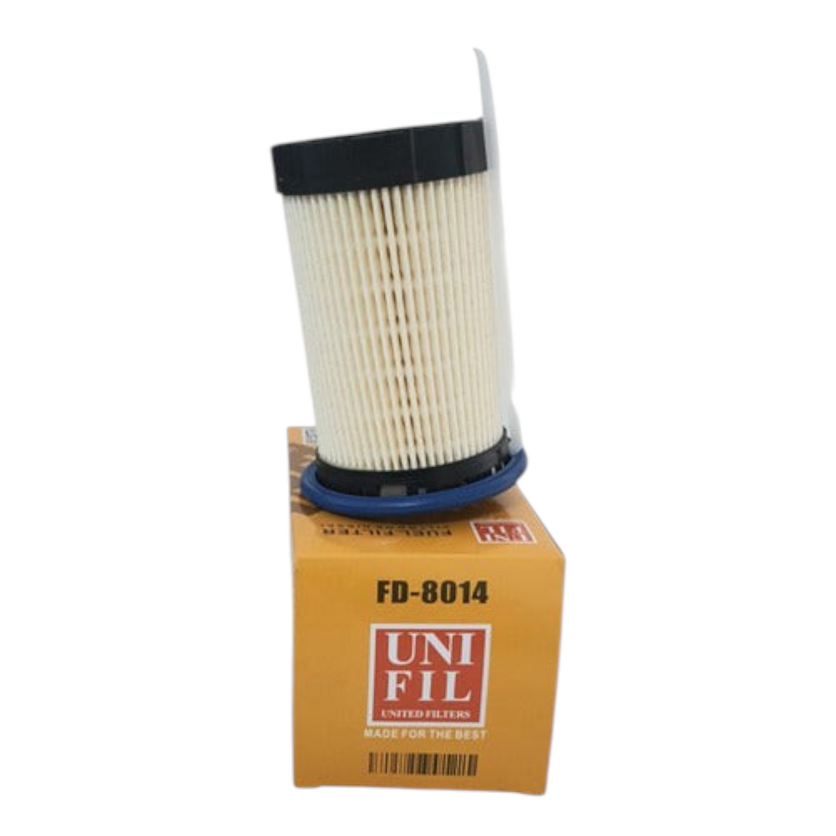 Filtro de combustible KENAI´S COM FD-8014 para VW Golf 2.0L TDI, diseño cilíndrico con caja de empaque naranja.