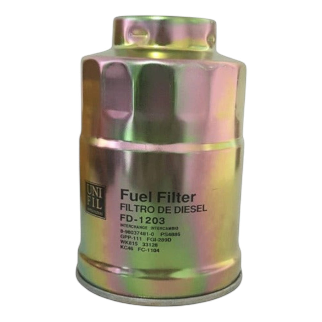 Filtro de combustible Unifil FD-1203 para Isuzu Elf de KENAI´S COM, diseño metálico cilíndrico de alta resistencia.