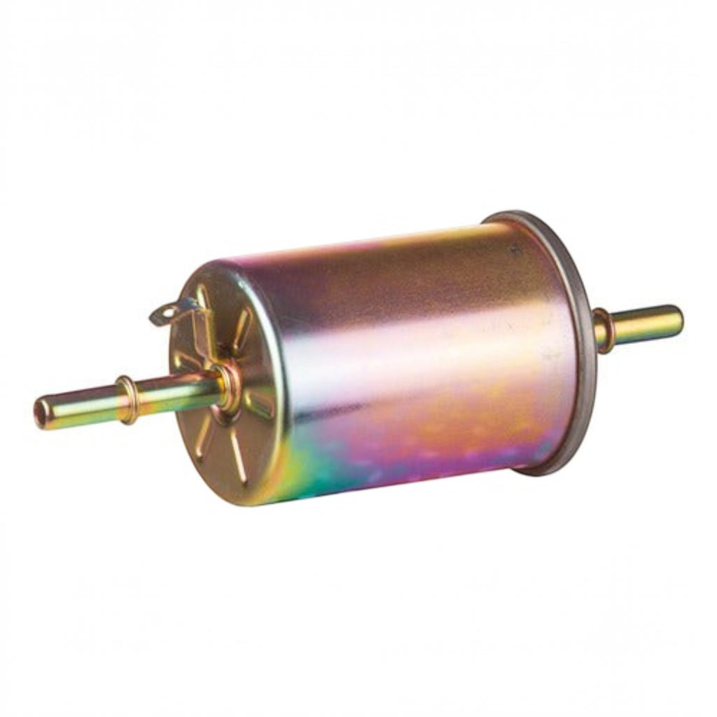 Filtro de combustible metálico cilíndrico para motor de KENAI´S COM, acabado iridiscente con conectores laterales
