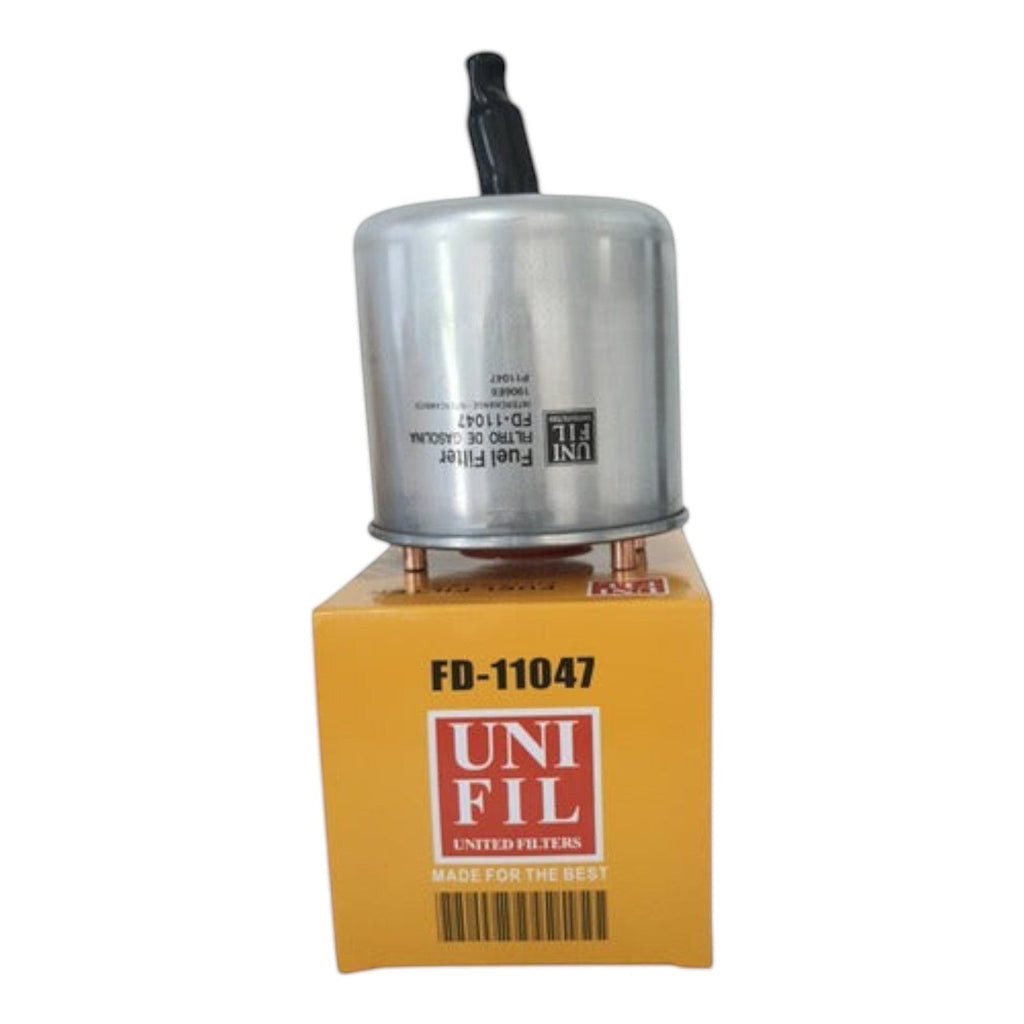 Filtro de combustible Unifil FD-11047 para Peugeot Rifter de KENAI´S COM sobre su caja original amarilla