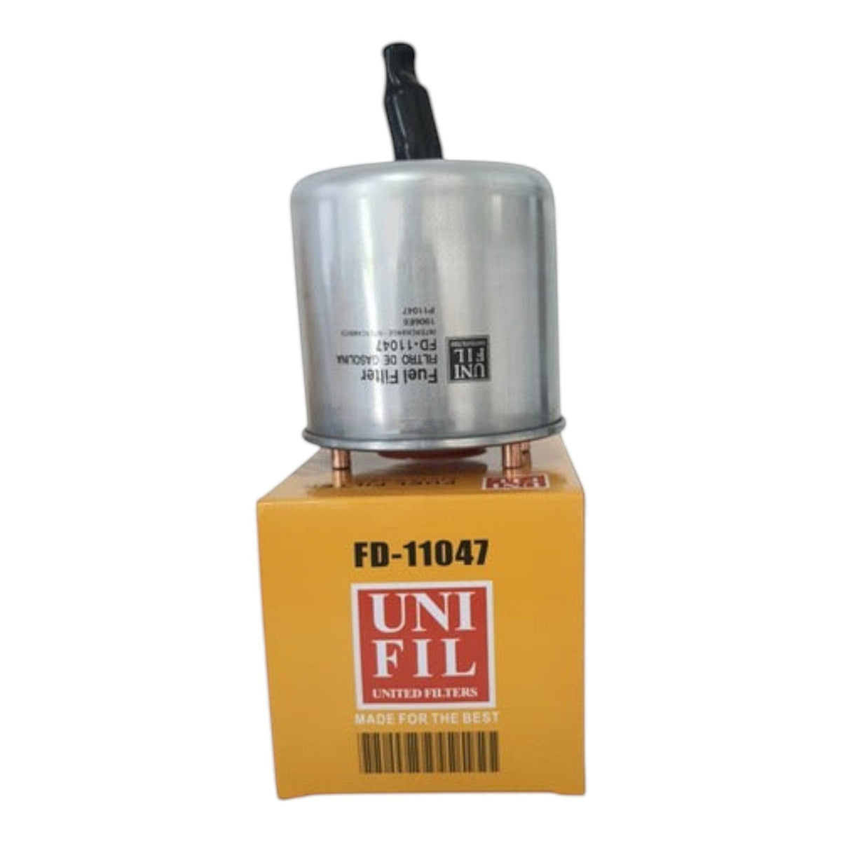 Filtro de combustible Unifil FD-11047 para Peugeot Rifter de KENAI´S COM sobre su caja original amarilla