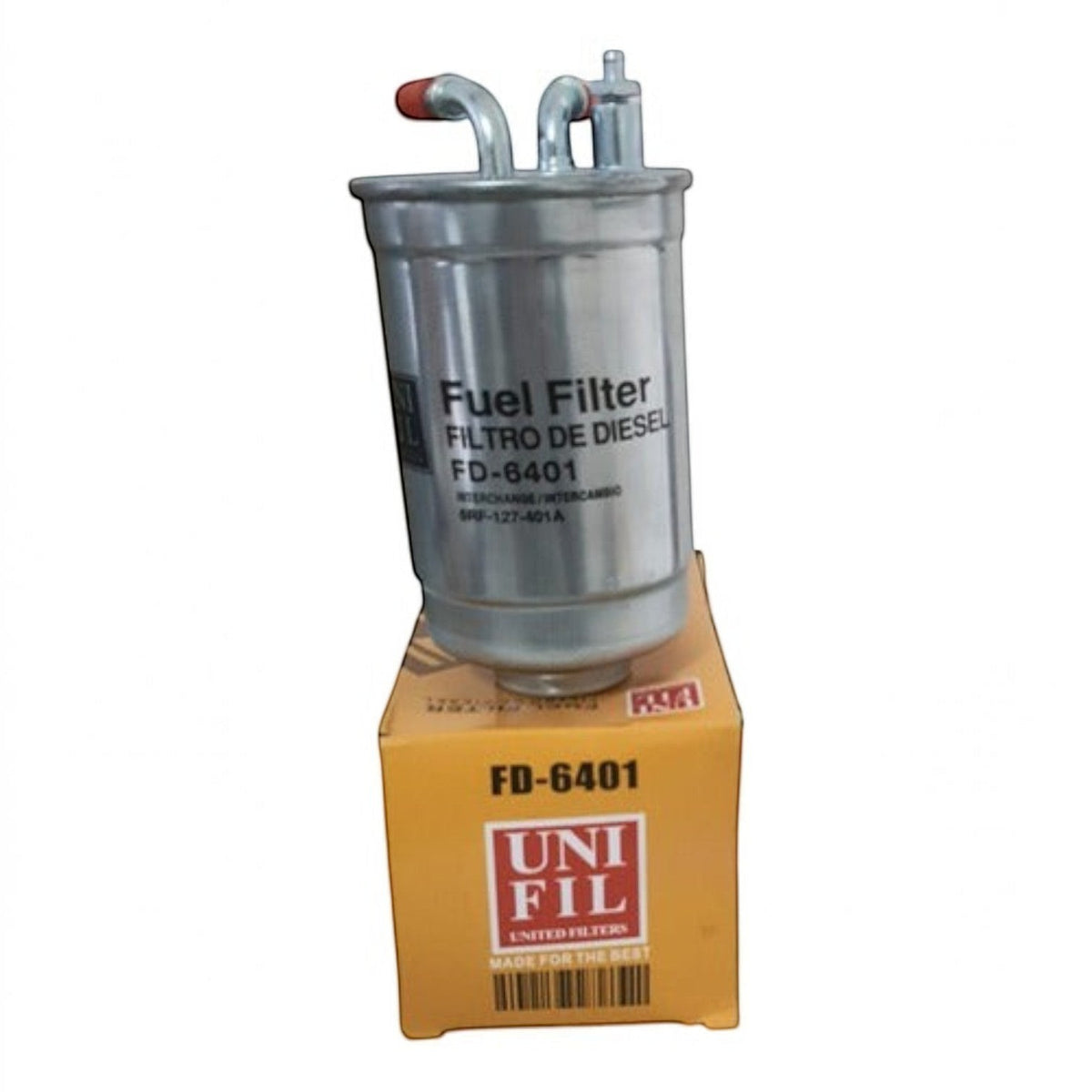 Filtro de combustible KENAI´S COM modelo FD-6401 para motor Vento 1.5L TDI, metálico con conexiones superiores.