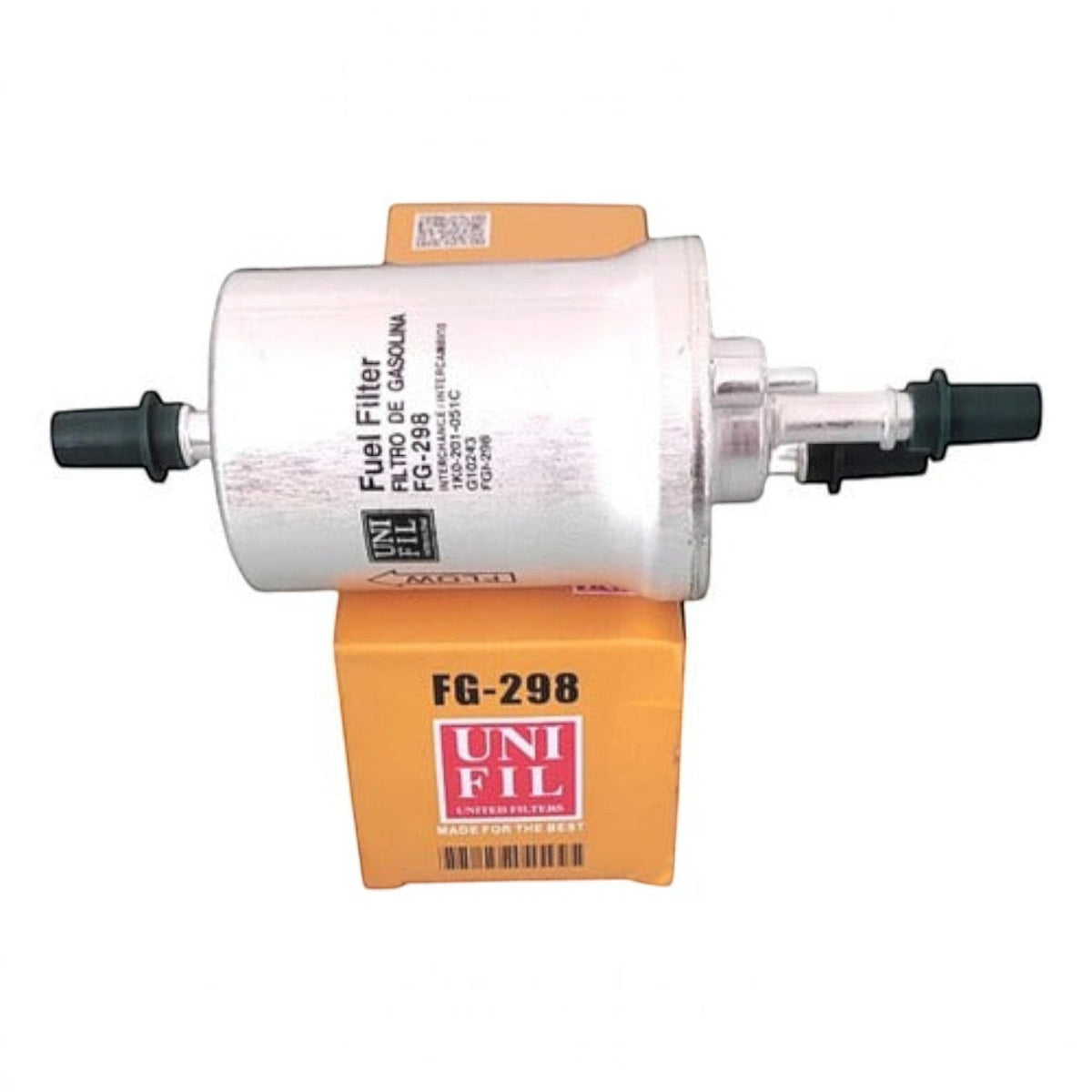 Filtro de gasolina KENAI´S COM modelo FG-298 para Audi A3, componente metálico cilíndrico con conectores negros.