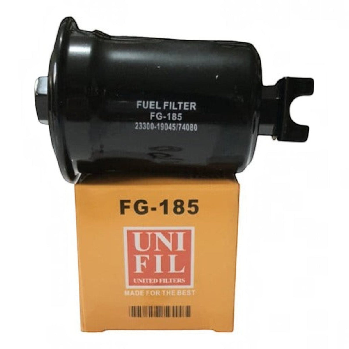 Filtro de gasolina negro KENAI´S COM modelo FG-185 para Toyota Solara sobre su caja de empaque original