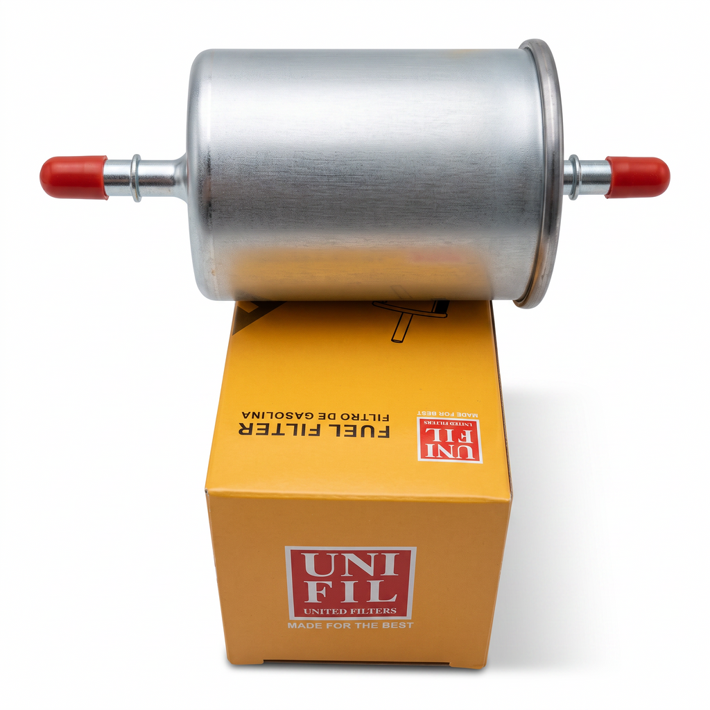 Filtro de gasolina metálico Unifil sobre su caja original de KENAI´S COM para Renault Duster