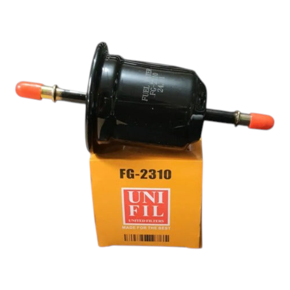 Filtro de gasolina negro Unifil para Toyota Avanza sobre su caja naranja de KENAI´S COM