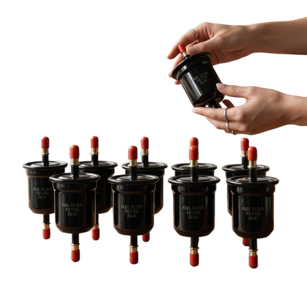 Set de 10 filtros de gasolina Unifil para Toyota Avanza, color negro con conectores rojos, sostenidos por manos.