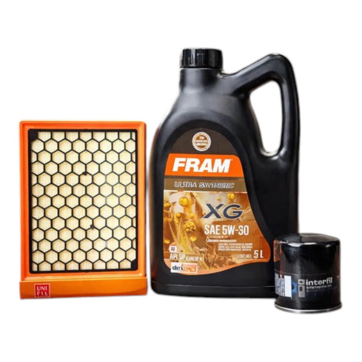 Kit de mantenimiento KENAI´S COM con filtro de aire Unifil, filtro de aceite Interfil y garrafa de aceite sintético Fram