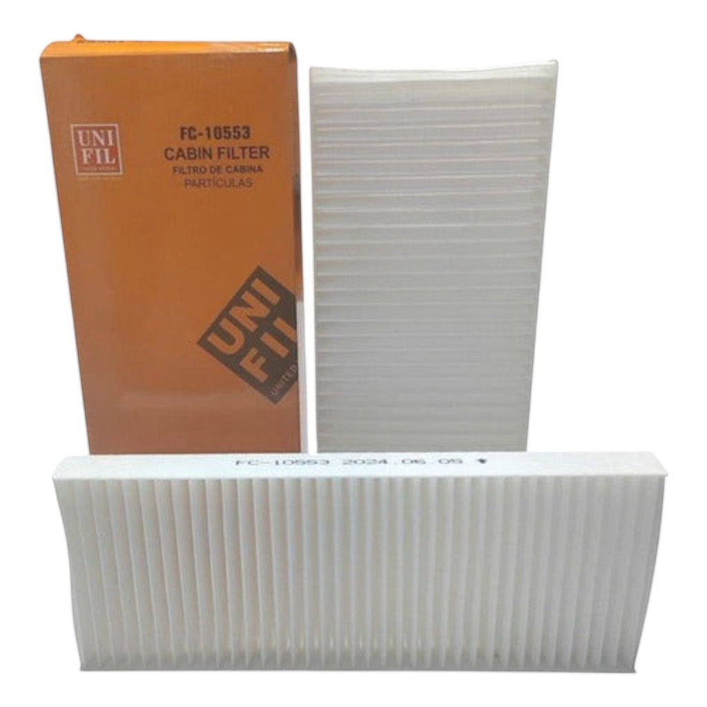 Kit de filtros de cabina Unifil para Nissan X-terra de KENAI´S COM con empaque naranja y filtros blancos plisados