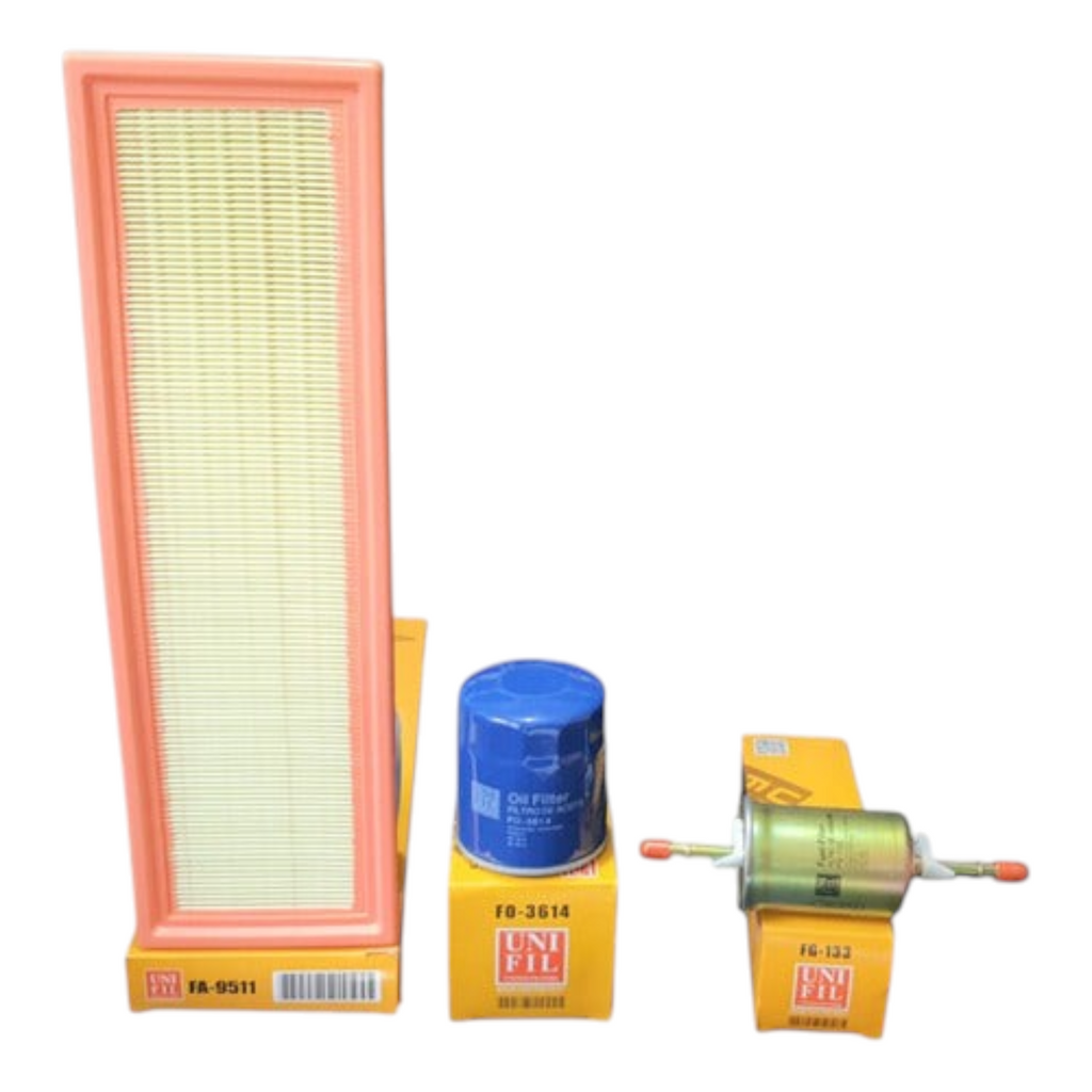 Kit de filtros Unifil para Ford Fiesta 1.6L de KENAI´S COM, incluye filtro de aire, aceite y combustible.