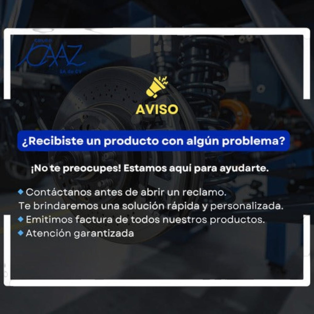 Aviso de servicio al cliente de KENAI´S COM para soporte técnico y facturación de repuestos automotrices